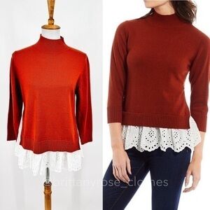 ROLLER RABBIT Cashmere Varo Eyelet Lace Peplum Hem Mock Neck Sweater in Terra